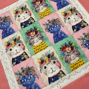 Kitty Quilted Wall Hanging, Cat Theme Quilted Table Topper, Kitty Table Runner, Wall Quilt,  Quilted Candle Mat, Cat Lover Gift, Kitty Quilt