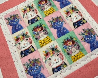 Kitty Quilted Wall Hanging, Cat Theme Quilted Table Topper, Kitty Table Runner, Wall Quilt,  Quilted Candle Mat, Cat Lover Gift, Kitty Quilt