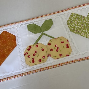 Retro Quilted Table Runner, Cherries and Hearts Quilted Table Runner, Cherry Table Quilt, Cottage Chic Quilted Table Runner, 10 1/2&quot; x 28&quot;