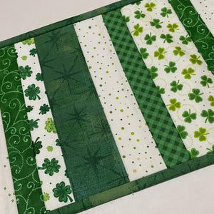 St. Patrick&#39;s Day Table Runner, St Patrick&#39;s Day Decor, Shamrocks, Mini Quilt, Quilted Candle Mat, Patchwork Table Runner, 8 3/4&quot; x 19 1/2&quot;