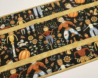 Fall Quilted Table Runner: Scarecrows & Snowflake Reversible Decor, 15" x 42 1/2"
