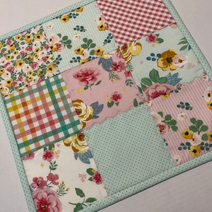 Floral Quilted Table Topper, Cottage Chic Quilted Table Runner, Quilted Dresser Runner Scarf, Pastel Quilted Table Mat, Mothers Day Gift