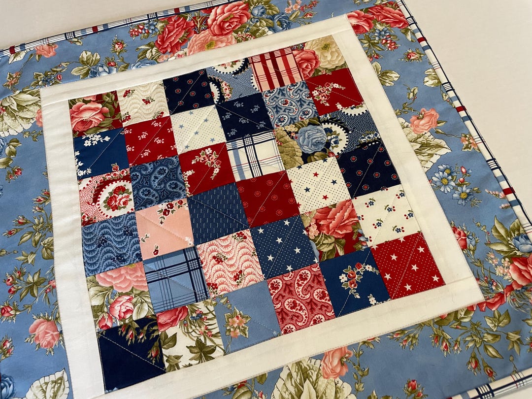 Floral Patchwork Table Topper: Americana, Patriotic Quilted Candle Mat ...