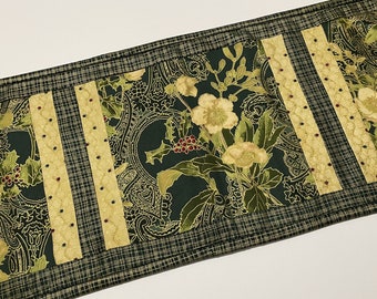 Christmas Quilted Table Runner, Elegant Floral Quilted Table Runner,  Winter Quilted Table Topper, Winter Christmas Decor,  Green and Gold