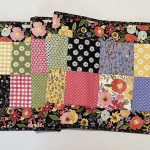 Bright Floral Quilted Table Runner, Long Quilted Table Runner, Patchwork Flowers Quilt, Flower Quilted Table Runner,  Quilted Table Topper