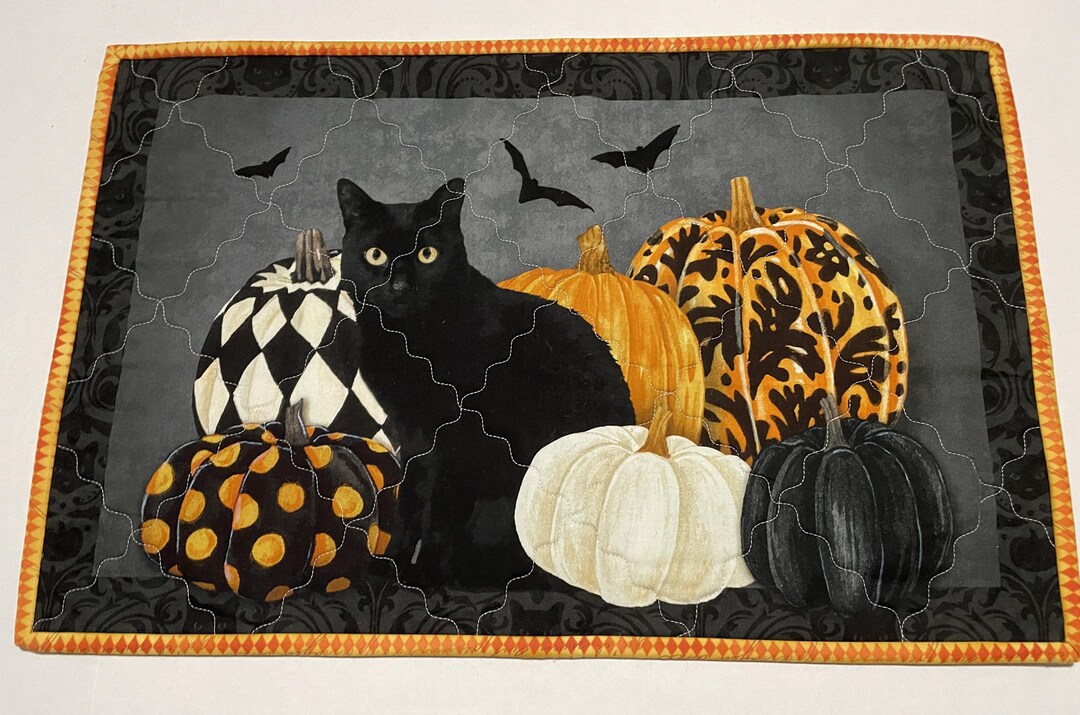 Halloween Quilted Table Runner, Black Cat Pumpkins, Reversible Fall ...
