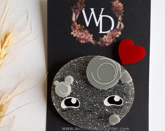 MIXED GREY Smiling Moon Face Novelty Acrylic Brooch with Red Heart Pin, Silver Glitter Moon