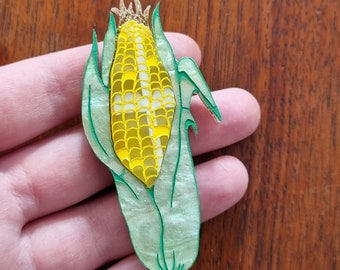 Juicy Yellow Cob (Plaid Harvest Edition) Wearable Art Brooch by Winnifreds Daughter