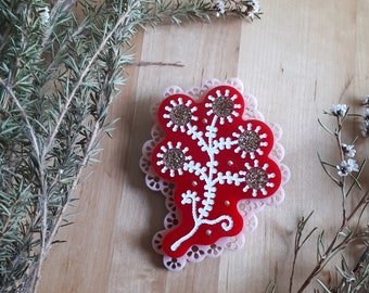 Festive Red and Pink Leaf, Sprig, Feather Acrylic Novelty Brooch, Lase, Trim, Christmas, Valentines Day