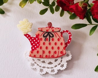 Polly's Polkadot Tea Pot Wearable Art Brooch by Winnifreds Daughter