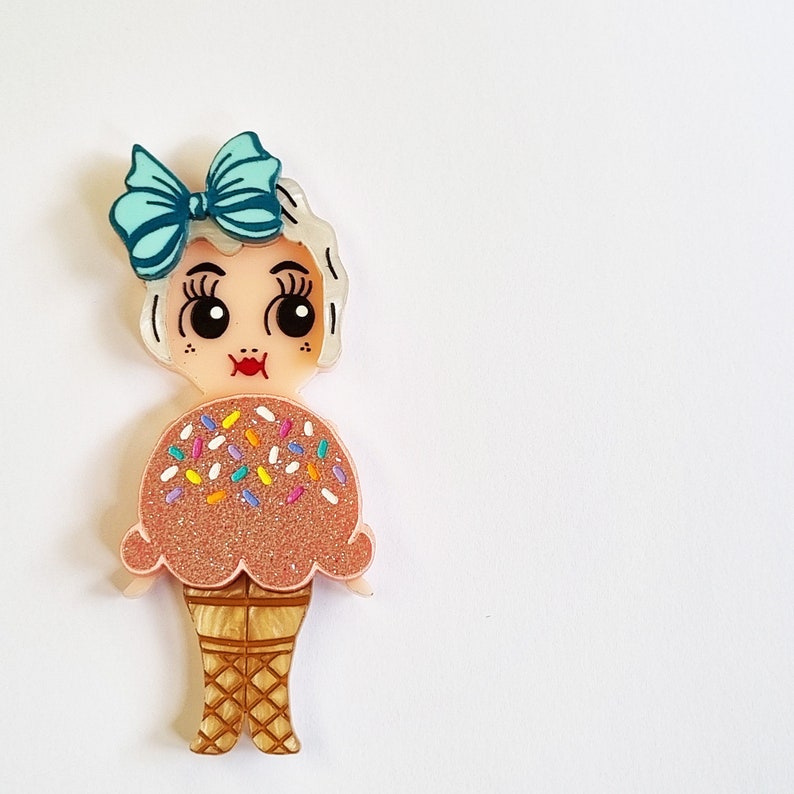 SECONDS GRADE Miss Soft Serve Sprinkles Strawberry Flavour Kewpie Babe Wearable Art Brooch by Winnifreds Daughter image 2