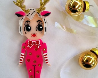Miss Merry and Bright (Party Glitter Edition) Kewpie Babe Wearable Art Brooch by Winnifreds Daughter