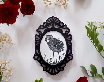 Black and White Filigree Framed Acrylic Novelty Brooch, Bird Costume, Feathers, Glasses, Flowers