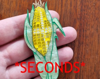 SECONDS GRADE Juicy Yellow Cob (Plaid Harvest Edition) Wearable Art Brooch by Winnifreds Daughter