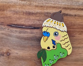 Bush Blossom Budgie Embroidered Mixed Media Art Brooch by Winnifreds Daughter