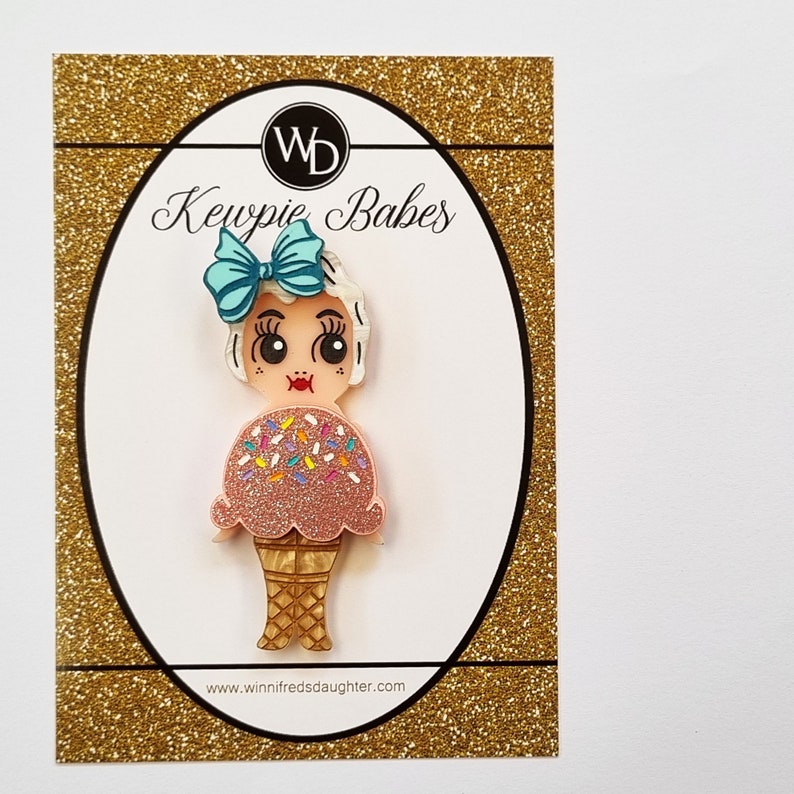 SECONDS GRADE Miss Soft Serve Sprinkles Strawberry Flavour Kewpie Babe Wearable Art Brooch by Winnifreds Daughter image 3