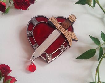 Red Heart Novelty Acrylic Brooch with Sword Knife, Celtic Style Details, Celtic Border, Blood Drop