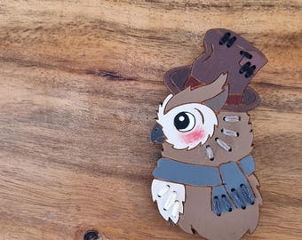 Dickens Owl Embroidered Mixed Media Art Brooch by Winnifreds Daughter