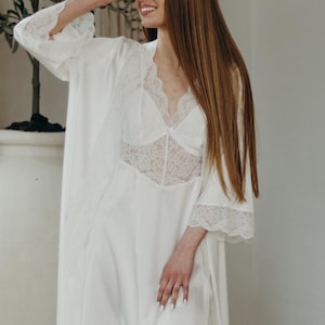 Bridal lingerie, long bridal robe and wedding nightgown, silk satin lace robe set, long bridal robe set