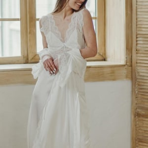 Long bridal nightgown, ivory silk satin wedding nightgown, bridal peignoir, bridal lingerie