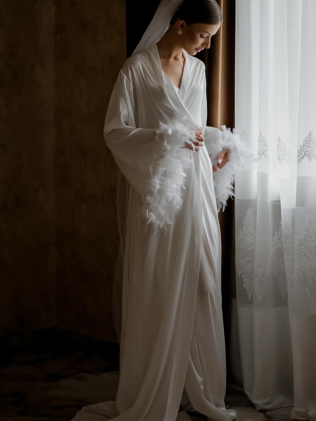 White Wedding Robe With Train, Feather Robe Bride, Kimono Boudoir Robe ...