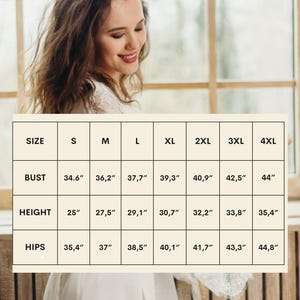 May include: A size chart for a white robe with lace trim. The chart displays bust, height, and hip measurements in inches for sizes S through 4XL. The text "SIZE CART" is in a cream-coloured oval.