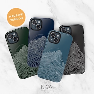 MAGSAFE Mountain Line Art Tough Phone Cases | Minimalist Design | Dark Blue Green Gray | iPhone