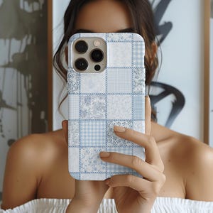 Baby Blue Lacy Quilt Tough Phone Case | Pastel Floral Gingham Check | iPhone, Samsung Galaxy, Pixel