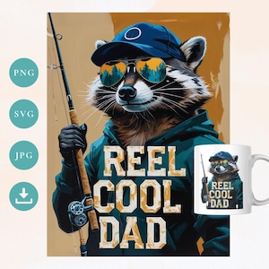 Reel Cool Dad Waschbär PNG | Lustiges Vatertagsgeschenk | Sublimation PNG | Digitaler Download | Vatertagskarte | Mückenfischen | Wandkunst Waschbär