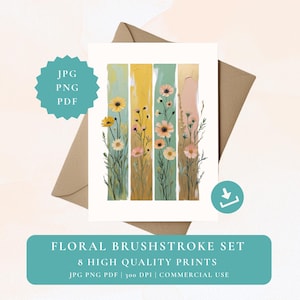8 Printable Floral Brushstroke Cards | Flower Birthday Notecards | Wildflower Print | Brushstroke PNG | Boho Flowers PNG | Paint Brush PNG