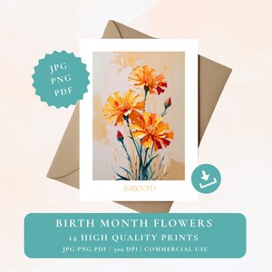 Cartes d'anniversaire fleuries à imprimer pour 12 mois de naissance | Cartes d'anniversaire florales | Cartes d'anniversaire de fleurs sauvages | Téléchargement numérique au format PNG, JPG et PDF | Idée cadeau