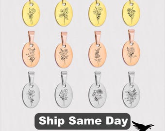 Personalized Birth Flower Necklace | Oval Pendant Minimalist Necklace | Custom Engraved Floral Charm | Birthday Gift for Her
