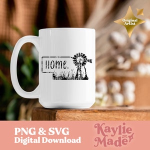 Outline of Nebraska with windmill and tall grasses. Home with heart in middle SVG PNG cut file: Ideal for tshirts, crafts, & decor for Nebraskans. Instant download for cricut, silhouette, engrave, shirts, sticker print, scrapbook, poster