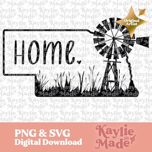 May include: Black and white silhouette of a windmill with blades, grass, and a sign that says "Home." The image is in the shape of the state of Kansas.