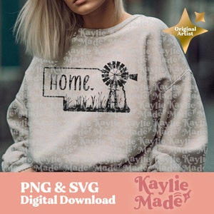 Outline of Nebraska with windmill and tall grasses. Home with heart in middle SVG PNG cut file: Ideal for tshirts, crafts, & decor for Nebraskans. Instant download for cricut, silhouette, engrave, shirts, sticker print, scrapbook, poster