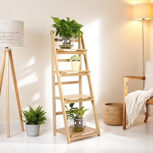 Wooden Plant Stand | Modern home decor| Plant holder stand| 4 tier Foldable – Pre-Assembled Ladder Shelf for multi-Purpose| Unique gift.