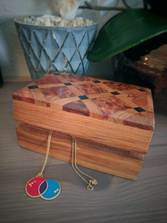 1970's Cedar Wooden Jewelry Box with Diamond Inlay Gem