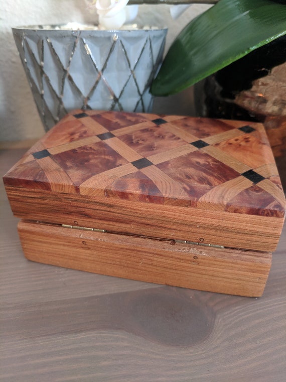 1970's Cedar Wooden Jewelry Box with Diamond Inlay Gem