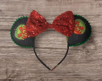 Poison Apple Minnie Ears Headband, mickey ears, mouse Red Sequin Bow, Evil Queen Inspired, Halloween Disney Ears, Villains Costume Accessory