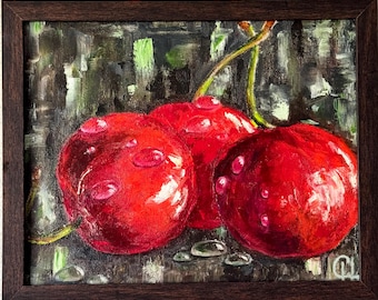 Juicy cherry in dew original oil painting 10x8 (25x20 cm) / Framed fruit still life / Kitchen gallery wall decor