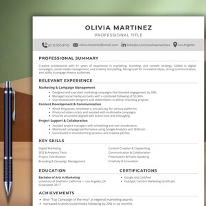 May include: A professional resume for Olivia Martinez, with contact information, professional summary, relevant experience, key skills, education, and achievements. A black pen is positioned on the left side of the resume.