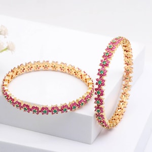 Ruby & Emerald 7-Stone Bangles: 22K Gold Plated Floral Jewelry
