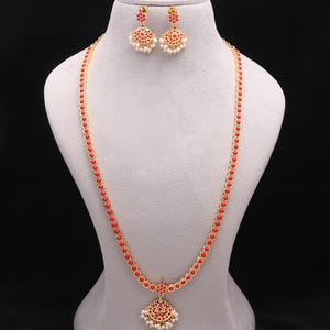 21-Inch Coral Stone Necklace with Pearl Beads | Gold Plated Long Necklace | Handmade Statement Jewelry with Adjustable Chain | Long Necklace