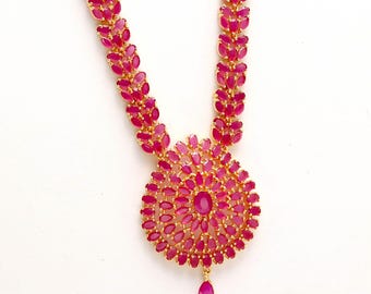 22K Gold Plated Ruby Long Necklace Set | Indian Bridal Haram Jewelry