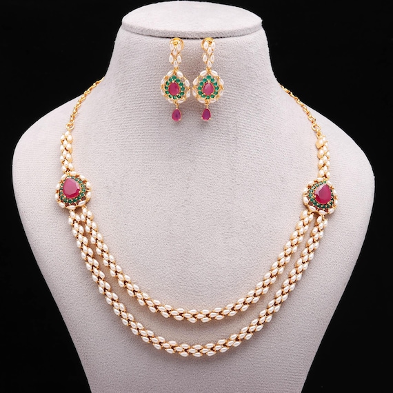 Pearl Ruby Emerald Necklace Set, 22K Gold Plated Multi Gemstone Jewelry