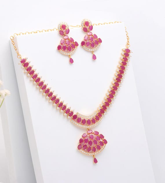 22K Gold Plated Ruby Necklace Set: Indian Bridal Jewelry With