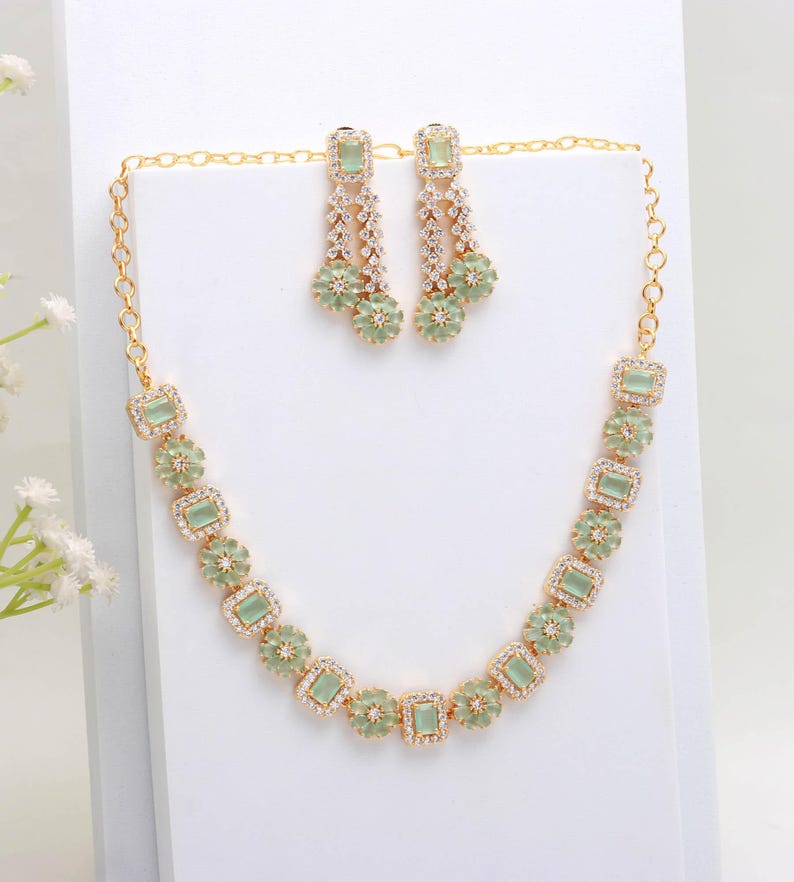 Mint Green & Crystal White CZ Necklace Set, 22K Gold Plated image 2
