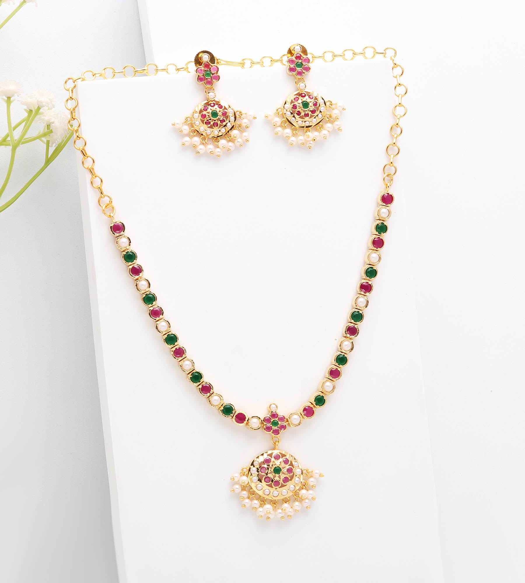 Pearl Ruby Emerald Addigai Necklace Set: Gold Plated Ethnic Choker - Etsy