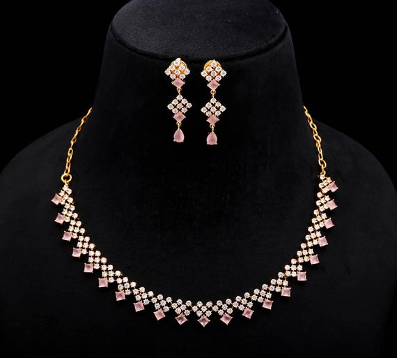 22K Gold Finish Pink & White Stone Necklace Set: Indian Jewelry