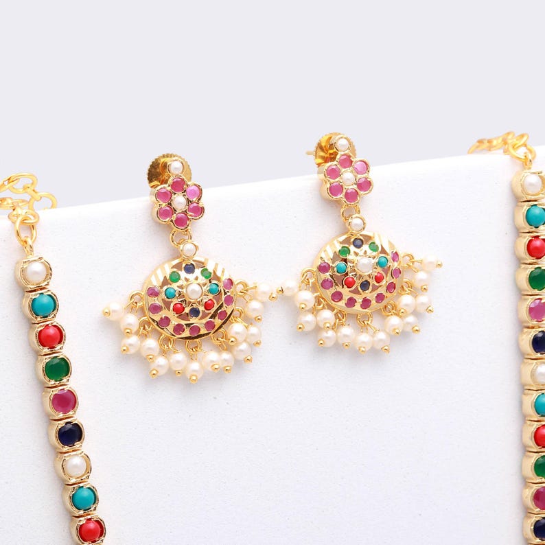 Addigai Design Navratna Long Addigai Necklace Set: 22K Gold Plated - Etsy